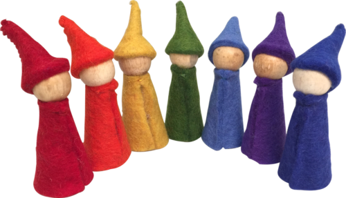 Regenboogkabouters met houten lijfjes / 7-delig