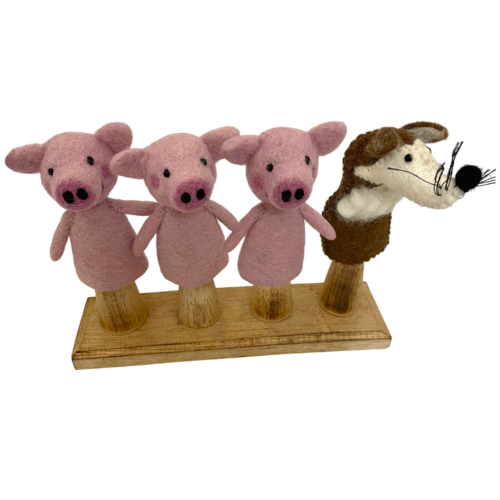 Vingerpoppetjes van een wolf en 3 biggetjes (4 stuks) in doos