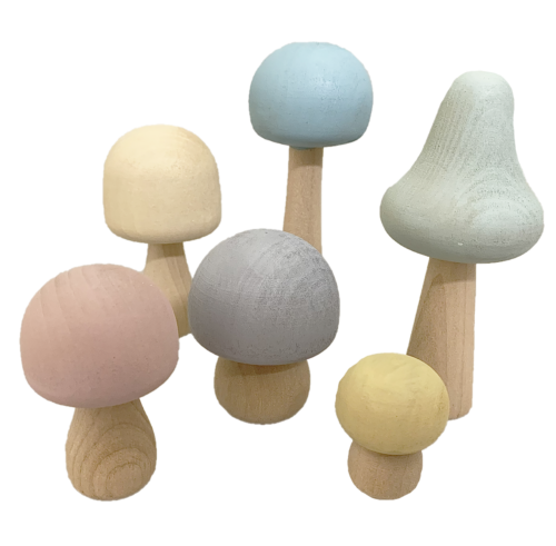 Pastelkleurige Houten paddenstoelen / 6 stuks